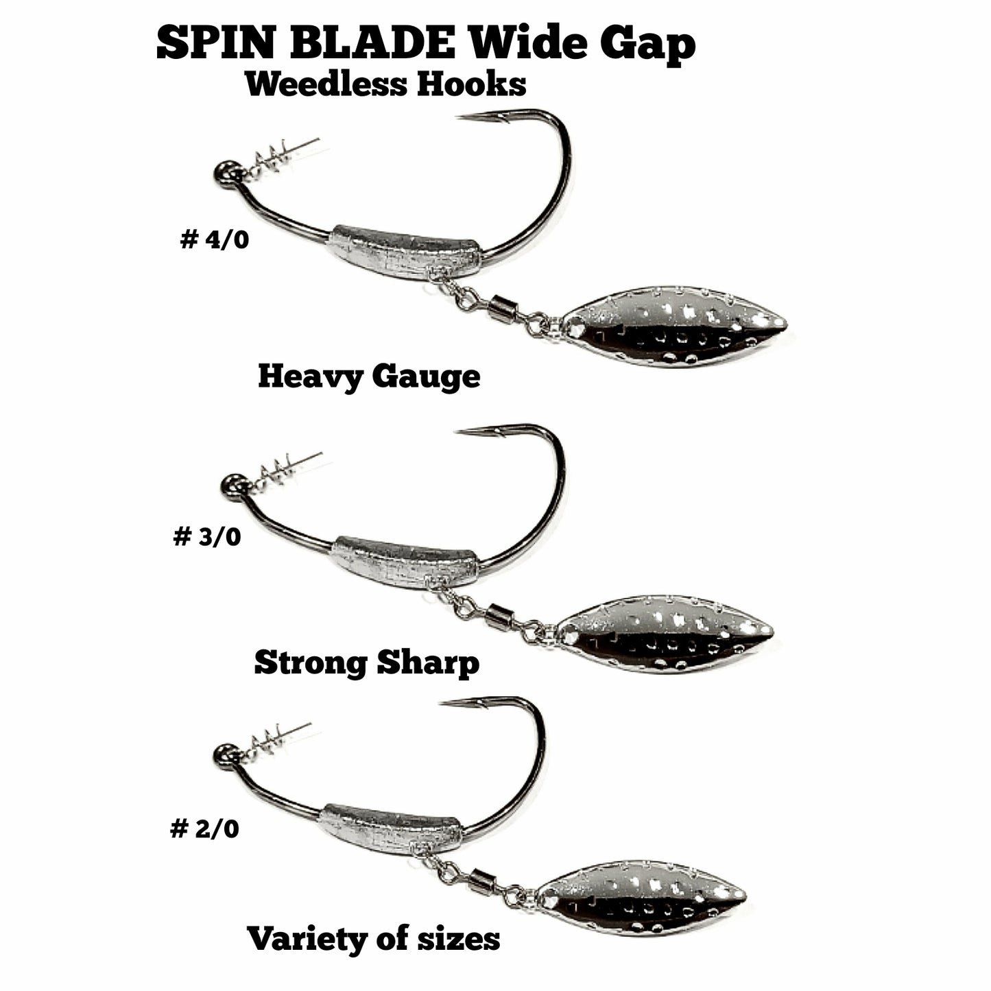 Wide Gap SPIN BLADE weedless heavy gauge weighted hooks with spring lock bait keeper (Bass Fishing -Swimbaits-Creature Baits-Grubs)